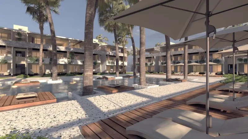 Rendering of the apartment terraces and the pool deck among palm trees