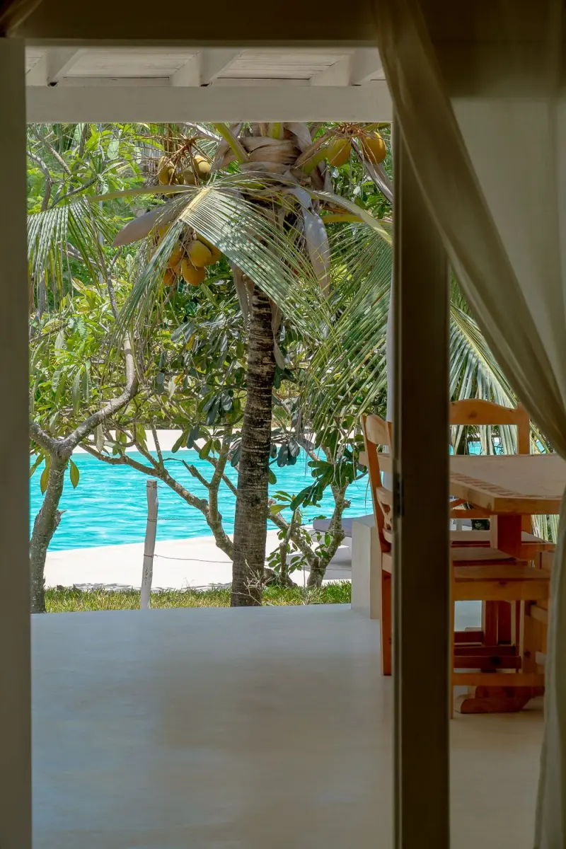 The pool seen from the villa doorway