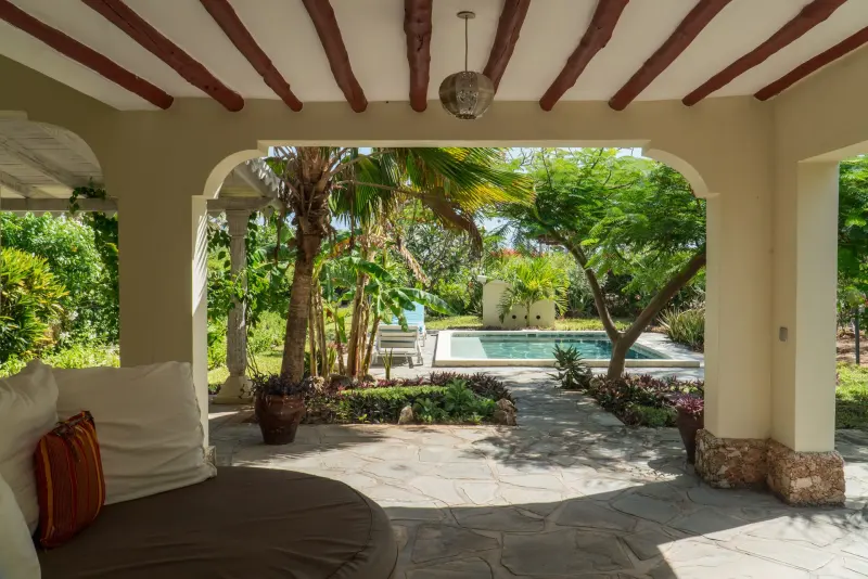 The arched veranda looking out to the garden