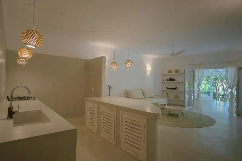 The living room and kitchen counter