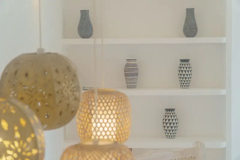 Shelves of blue-and-white pottery